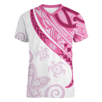 Rose Pink Polynesian Tribal Turtle Floral Pattern Women V-Neck T-Shirt