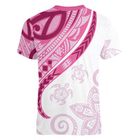 Rose Pink Polynesian Tribal Turtle Floral Pattern Women V-Neck T-Shirt