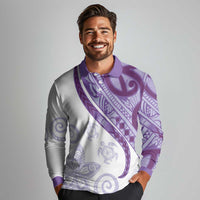 Purple Polynesian Tribal Turtle Floral Pattern Long Sleeve Polo Shirt