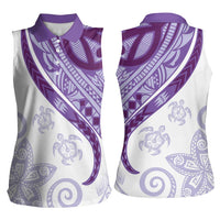 Purple Polynesian Tribal Turtle Floral Pattern Women Sleeveless Polo Shirt