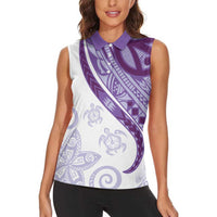 Purple Polynesian Tribal Turtle Floral Pattern Women Sleeveless Polo Shirt