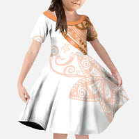 Orange Polynesian Tribal Turtle Floral Pattern Family Matching Long Sleeve Bodycon Dress and Hawaiian Shirt