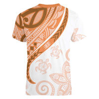 Orange Polynesian Tribal Turtle Floral Pattern Women V-Neck T-Shirt