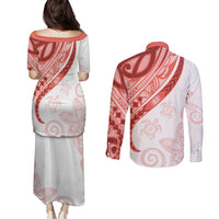 Coral Red Polynesian Tribal Turtle Floral Pattern Couples Matching Puletasi and Long Sleeve Button Shirt