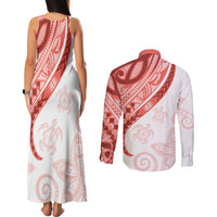 Coral Red Polynesian Tribal Turtle Floral Pattern Couples Matching Tank Maxi Dress and Long Sleeve Button Shirt