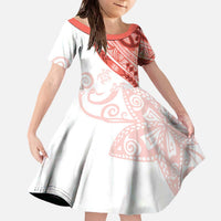 Coral Red Polynesian Tribal Turtle Floral Pattern Family Matching Off The Shoulder Long Sleeve Dress and Hawaiian Shirt LT05 Daughter's Dress Red - Polynesian Pride