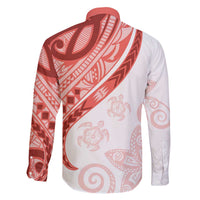 Coral Red Polynesian Tribal Turtle Floral Pattern Family Matching Off The Shoulder Long Sleeve Dress and Hawaiian Shirt LT05 - Polynesian Pride