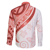 Coral Red Polynesian Tribal Turtle Floral Pattern Family Matching Short Sleeve Bodycon Dress and Hawaiian Shirt