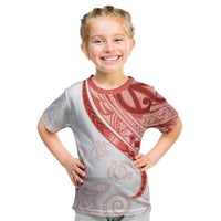 Coral Red Polynesian Tribal Turtle Floral Pattern Kid T Shirt
