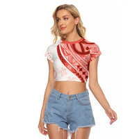 Coral Red Polynesian Tribal Turtle Floral Pattern Raglan Cropped T Shirt