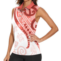 Coral Red Polynesian Tribal Turtle Floral Pattern Women Sleeveless Polo Shirt