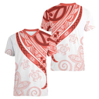 Coral Red Polynesian Tribal Turtle Floral Pattern Women V-Neck T-Shirt