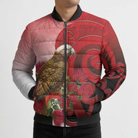 New Zealand Parrot Kaka Bomber Puffer Jacket Maori Koru With Pohutukawa Flowers - Polynesian Pride