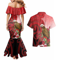 New Zealand Parrot Kaka Couples Matching Mermaid Dress and Hawaiian Shirt Maori Koru With Pohutukawa Flowers LT05 - Polynesian Pride