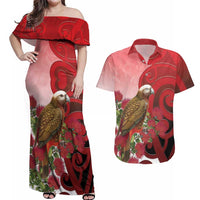 New Zealand Parrot Kaka Couples Matching Off Shoulder Maxi Dress and Hawaiian Shirt Maori Koru With Pohutukawa Flowers LT05 Red - Polynesian Pride