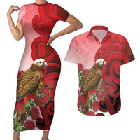 New Zealand Parrot Kaka Couples Matching Short Sleeve Bodycon Dress and Hawaiian Shirt Maori Koru With Pohutukawa Flowers LT05 Red - Polynesian Pride