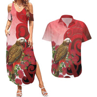 New Zealand Parrot Kaka Couples Matching Summer Maxi Dress and Hawaiian Shirt Maori Koru With Pohutukawa Flowers LT05 Red - Polynesian Pride