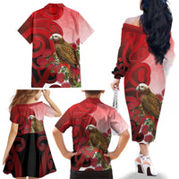 New Zealand Parrot Kaka Family Matching Off The Shoulder Long Sleeve Dress and Hawaiian Shirt Maori Koru With Pohutukawa Flowers LT05 - Polynesian Pride