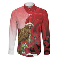 New Zealand Parrot Kaka Family Matching Off Shoulder Maxi Dress and Hawaiian Shirt Maori Koru With Pohutukawa Flowers LT05 Dad's Shirt - Long Sleeve Red - Polynesian Pride