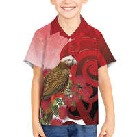 New Zealand Parrot Kaka Family Matching Summer Maxi Dress and Hawaiian Shirt Maori Koru With Pohutukawa Flowers LT05 Son's Shirt Red - Polynesian Pride
