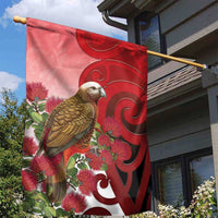 New Zealand Parrot Kaka Garden Flag Maori Koru With Pohutukawa Flowers - Polynesian Pride