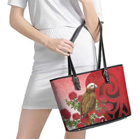 New Zealand Parrot Kaka Leather Tote Bag Maori Koru With Pohutukawa Flowers - Polynesian Pride