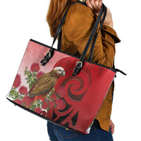 New Zealand Parrot Kaka Leather Tote Bag Maori Koru With Pohutukawa Flowers - Polynesian Pride