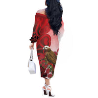 New Zealand Parrot Kaka Off The Shoulder Long Sleeve Dress Maori Koru With Pohutukawa Flowers LT05 - Polynesian Pride
