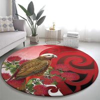 New Zealand Parrot Kaka Round Carpet Maori Koru With Pohutukawa Flowers - Polynesian Pride