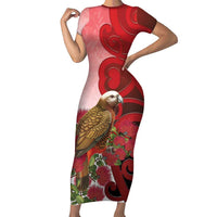 New Zealand Parrot Kaka Short Sleeve Bodycon Dress Maori Koru With Pohutukawa Flowers LT05 Long Dress Red - Polynesian Pride