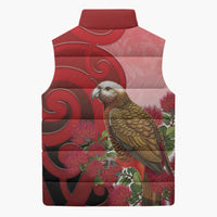 New Zealand Parrot Kaka Sleeveless Puffer Jacket Maori Koru With Pohutukawa Flowers - Polynesian Pride