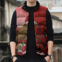 New Zealand Parrot Kaka Sleeveless Puffer Jacket Maori Koru With Pohutukawa Flowers - Polynesian Pride