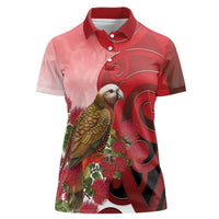New Zealand Parrot Kaka Women Polo Shirt Maori Koru With Pohutukawa Flowers LT05 Female Red - Polynesian Pride