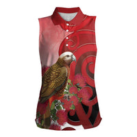 New Zealand Parrot Kaka Women Sleeveless Polo Shirt Maori Koru With Pohutukawa Flowers LT05 Female Red - Polynesian Pride