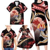 Personalised French Polynesia Victory Day Family Matching Long Sleeve Bodycon Dress and Hawaiian Shirt Polynesian Pattern Plumeria LT05 - Polynesian Pride