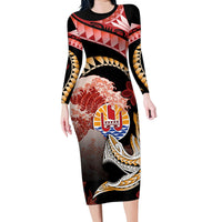 Personalised French Polynesia Victory Day Family Matching Long Sleeve Bodycon Dress and Hawaiian Shirt Polynesian Pattern Plumeria LT05 Mom's Dress Black - Polynesian Pride