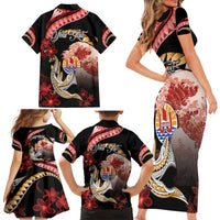 Personalised French Polynesia Victory Day Family Matching Short Sleeve Bodycon Dress and Hawaiian Shirt Polynesian Pattern Plumeria LT05 - Polynesian Pride