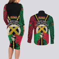Vanuatu 45th Independence Day Couples Matching Long Sleeve Bodycon Dress and Long Sleeve Button Shirt Long God Yumi Stanap Wild Boar LT05