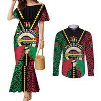 Vanuatu 46th Independence Day Couples Matching Mermaid Dress and Long Sleeve Button Shirt Long God Yumi Stanap Wild Boar LT05 Black - Polynesian Pride