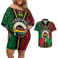 Vanuatu 45th Independence Day Couples Matching Off Shoulder Short Dress and Hawaiian Shirt Long God Yumi Stanap Wild Boar LT05