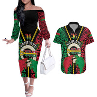 Vanuatu 46th Independence Day Couples Matching Off The Shoulder Long Sleeve Dress and Hawaiian Shirt Long God Yumi Stanap Wild Boar LT05 Black - Polynesian Pride