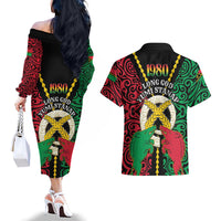 Vanuatu 46th Independence Day Couples Matching Off The Shoulder Long Sleeve Dress and Hawaiian Shirt Long God Yumi Stanap Wild Boar LT05 - Polynesian Pride