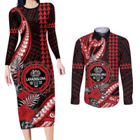 Personalized Hawaii Lahainaluna High School Couples Matching Long Sleeve Bodycon Dress and Long Sleeve Button Shirt Tribal Tattoo With Hibiscus Flowers LT05 Red - Polynesian Pride