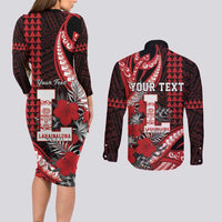 Personalized Hawaii Lahainaluna High School Couples Matching Long Sleeve Bodycon Dress and Long Sleeve Button Shirt Tribal Tattoo With Hibiscus Flowers LT05 - Polynesian Pride