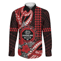Personalized Hawaii Lahainaluna High School Family Matching Long Sleeve Bodycon Dress and Hawaiian Shirt Tribal Tattoo With Hibiscus Flowers LT05 Dad's Shirt - Long Sleeve Red - Polynesian Pride