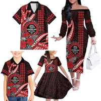 Personalized Hawaii Lahainaluna High School Family Matching Off The Shoulder Long Sleeve Dress and Hawaiian Shirt Tribal Tattoo With Hibiscus Flowers LT05 - Polynesian Pride