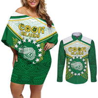 Personalised Cook Islands Ra o te Ui Ariki Couples Matching Off Shoulder Short Dress and Long Sleeve Button Shirt Polynesian Pattern LT05 Green - Polynesian Pride