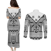 White Philippines Sun Star Couples Matching Puletasi and Long Sleeve Button Shirt Igorot Tribal Inspiration