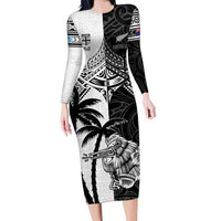 Custom New Zealand And Fiji Rugby 2024 Family Matching Long Sleeve Bodycon Dress and Hawaiian Shirt Maori Kiwi With Fijian Palm Tree LT05 Mom's Dress Black - Polynesian Pride