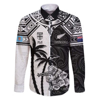 Custom New Zealand And Fiji Rugby 2024 Family Matching Puletasi and Hawaiian Shirt Maori Kiwi With Fijian Palm Tree LT05 Dad's Shirt - Long Sleeve Black - Polynesian Pride